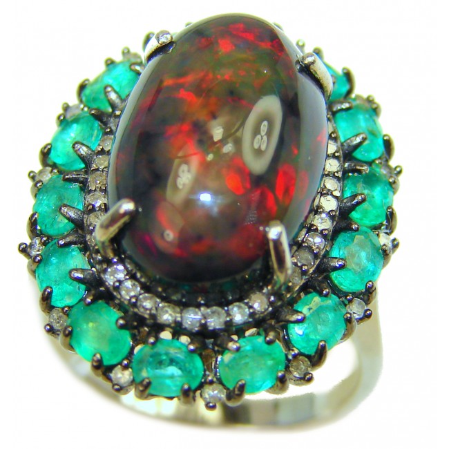 Milky way Genuine 18.95 carat Black Opal Emerald 14K White Gold over .925 Sterling Silver handmade Ring size 8