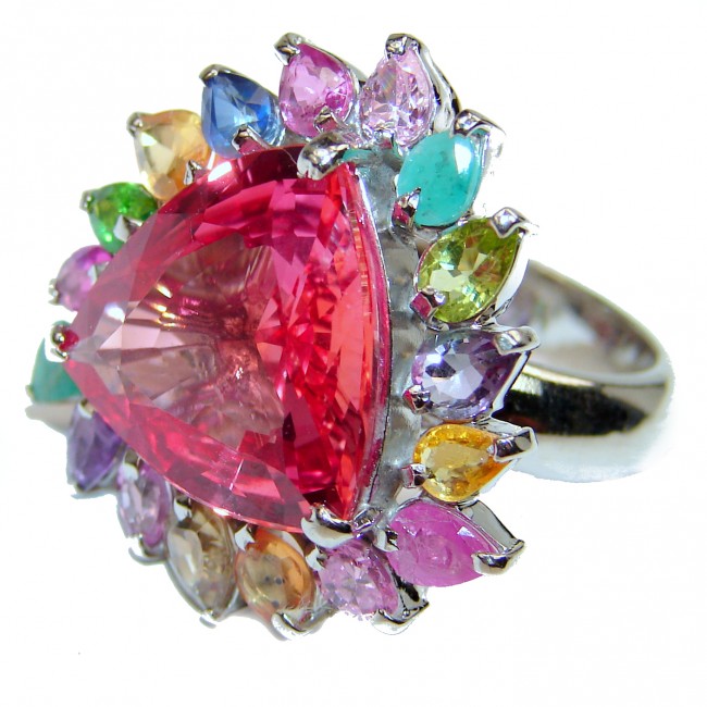 Huge Trillion cut Sweet Pink Topaz .925 Silver handcrafted Ring s. 7