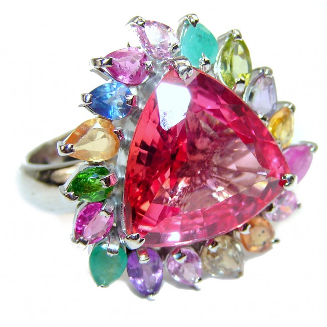 Huge Trillion cut Sweet Pink Topaz .925 Silver handcrafted Ring s. 7