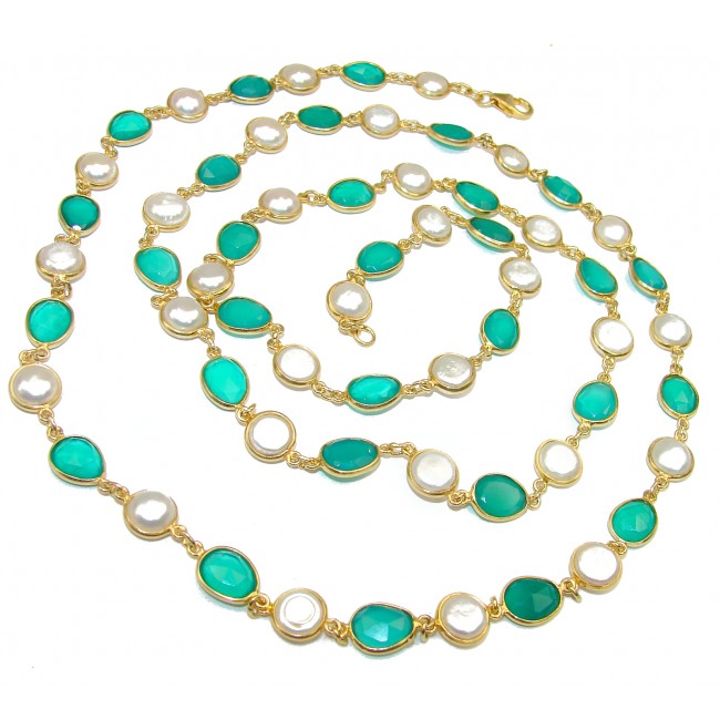 Long 32 inches genuine Emerald Mother of Pearl 14K Gold over .925 Sterling Silver handcrafted Necklace