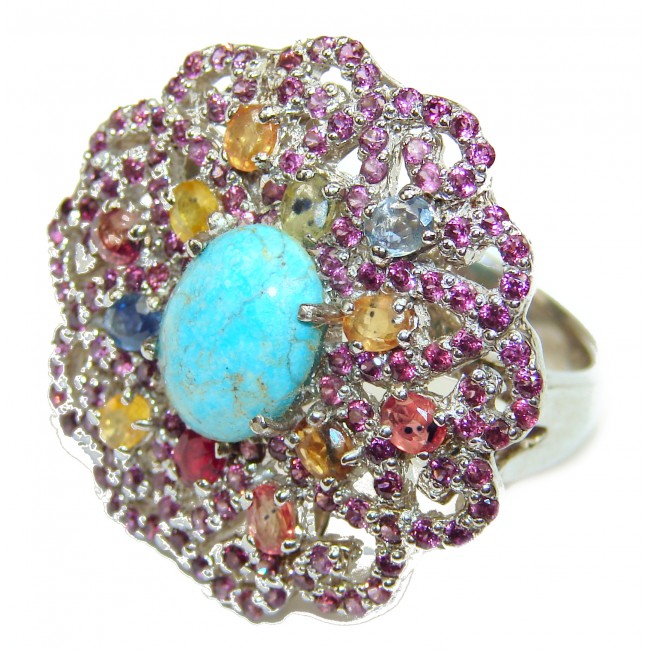 Authentic Sleeping Beauty Turquoise Ruby Sapphire .925 Sterling Silver ring; s. 9