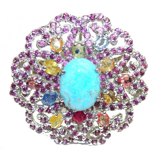 Authentic Sleeping Beauty Turquoise Ruby Sapphire .925 Sterling Silver ring; s. 9