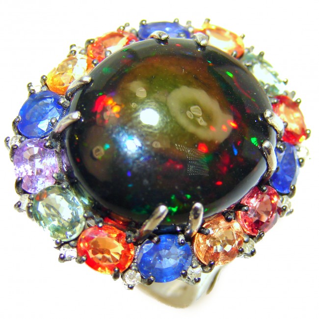 SUPERNOVA Genuine 24.95 carat Black Opal Emerald 14K White Gold over .925 Sterling Silver handmade Ring size 9 1/4