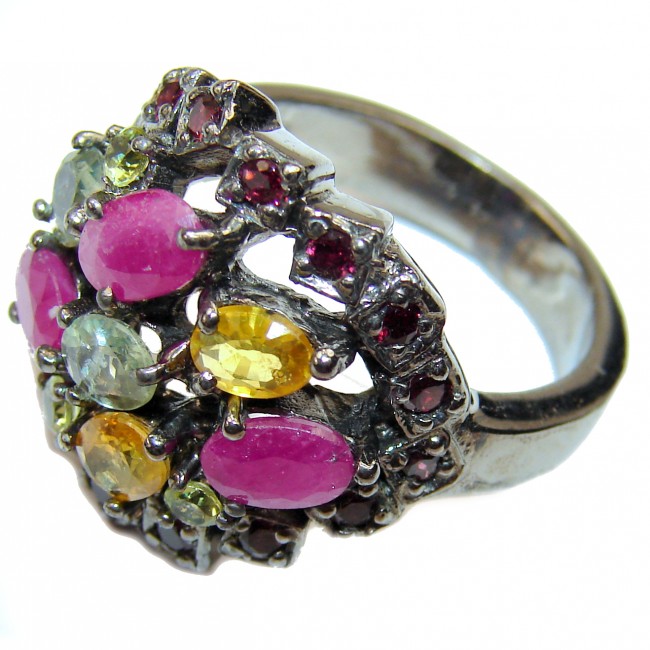 Royal quality Ruby Sapphire black rhodium over .925 Sterling Silver handcrafted Ring size 9