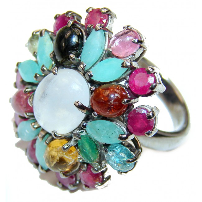 Special Fire Moonstone Ruby black rhodium over .925 Sterling Silver handmade ring s. 8