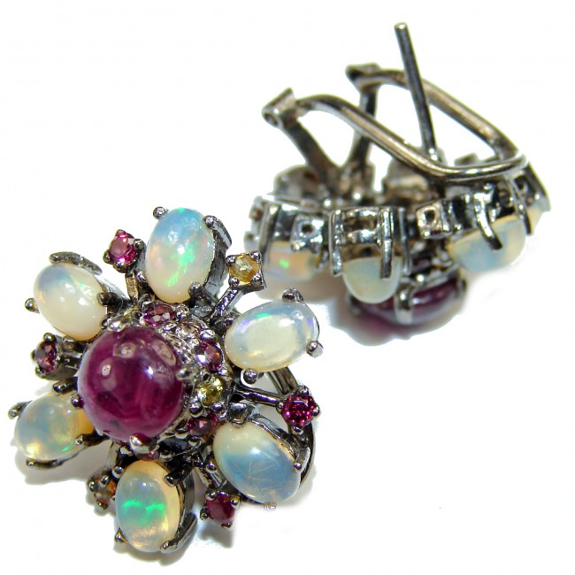 Authentic Star Ruby Ethiopian Opal Black Rhodium over .925 Sterling Silver handmade earrings