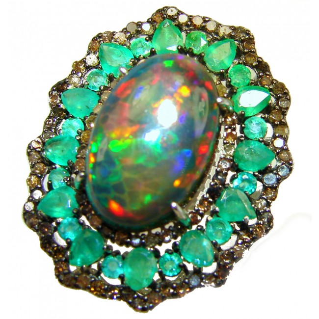 DEVOTION Genuine 26.9 carat Black Opal Emerald 14K White Gold over .925 Sterling Silver handmade Ring size 8 1/4
