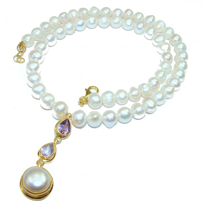 Pearl & Amethyst 14K Gold over .925 Sterling Silver handmade Necklace