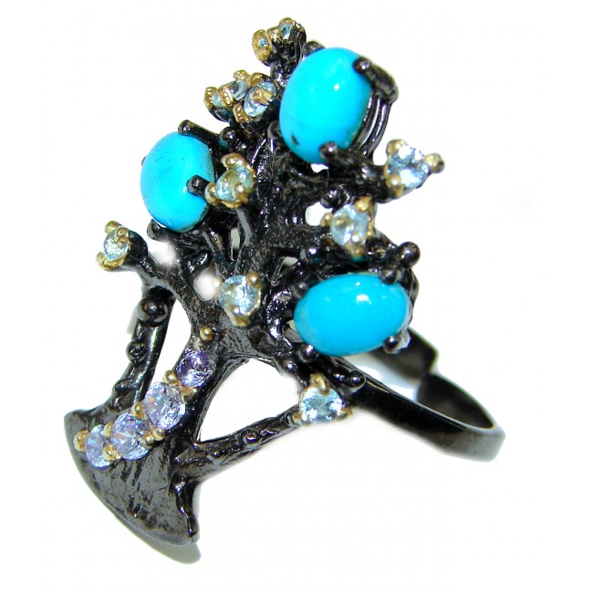 Family Tree Authentic Turquoise black rhodium over .925 Sterling Silver ring; s. 9