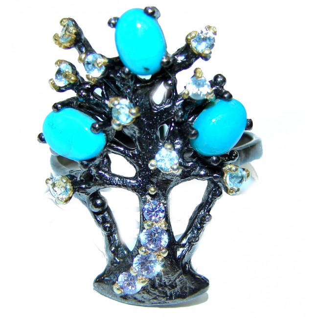 Family Tree Authentic Turquoise black rhodium over .925 Sterling Silver ring; s. 9