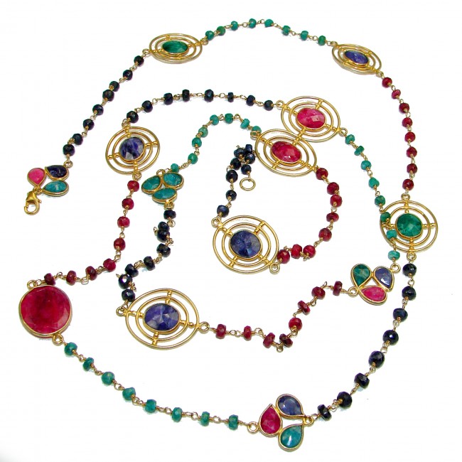 Authentic Ruby Emerald Sapphire 42 inches 14k Gold over .925 Sterling Silver handcrafted necklace