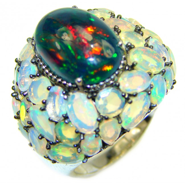 12.3carat Black Opal 14K White Gold over .925 Sterling Silver handcrafted Large Statement Ring size 8 1/4