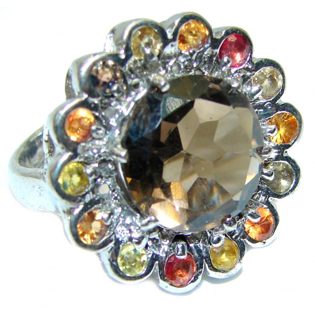 Large incredible Champagne Smoky Topaz .925 Sterling Silver Ring size 8