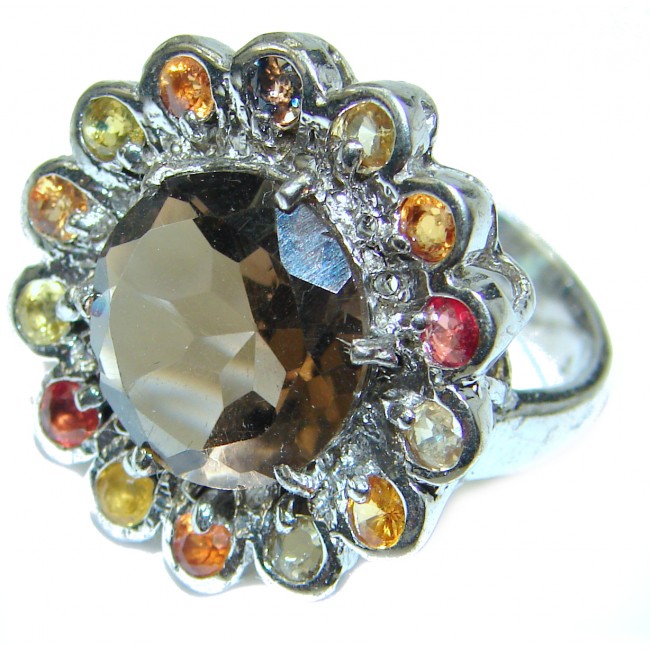 Large incredible Champagne Smoky Topaz .925 Sterling Silver Ring size 8