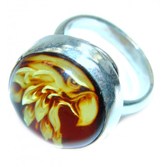 Spring Flowers Authentic carved Baltic Amber .925 Sterling Silver handmade ring size 7 adjustable