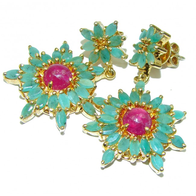 Exclusive Kashmir Ruby Emerald 14K Gold over .925 Sterling Silver handcrafted Large Earrings