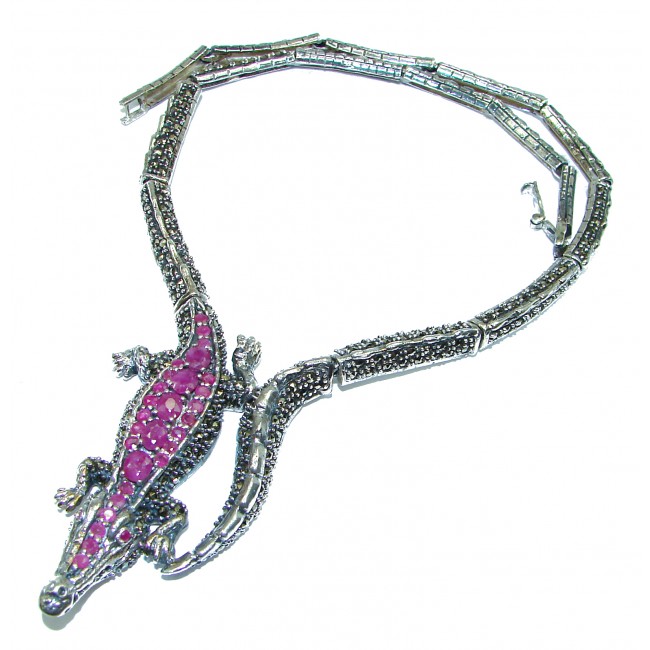 MASSIVE Alligator Genuine Ruby Marcasite .925 Sterling Silver handmade handcrafted Necklace