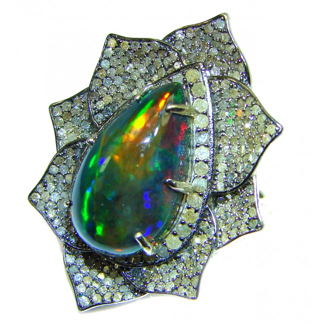 A COSMIC POWER Genuine Black Opal Sapphire 14K White Gold over .925 Sterling Silver handmade Ring size 7