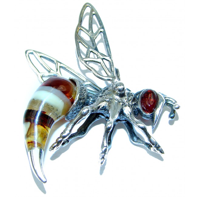 Real Masterpiece Honey Bee Baltic Polish Amber .925 Sterling Silver Handmade Pendant