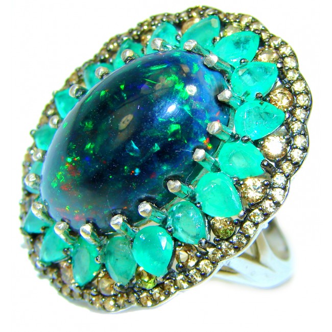 DEVOTION Genuine 23.5 carat Black Opal Emerald 14K White Gold over .925 Sterling Silver handmade Ring size 9
