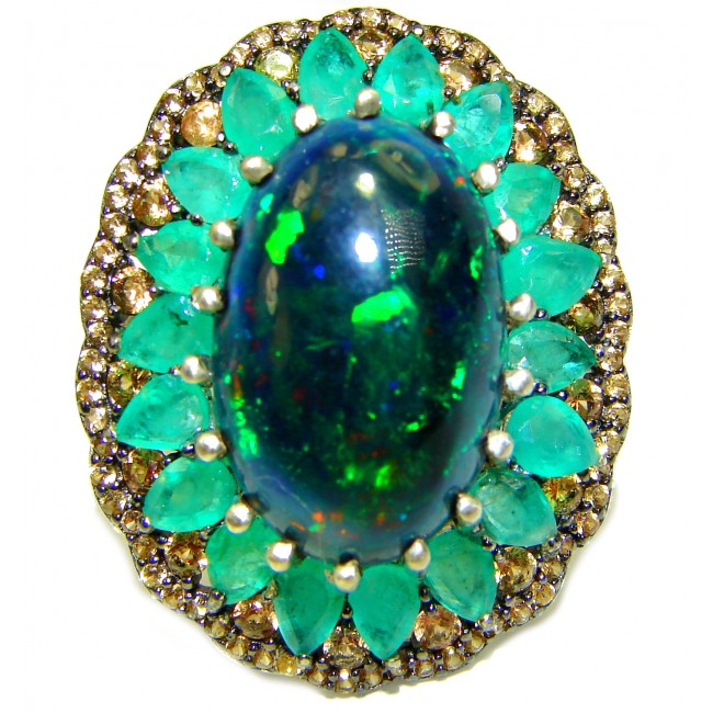 DEVOTION Genuine 23.5 carat Black Opal Emerald 14K White Gold over .925 Sterling Silver handmade Ring size 9