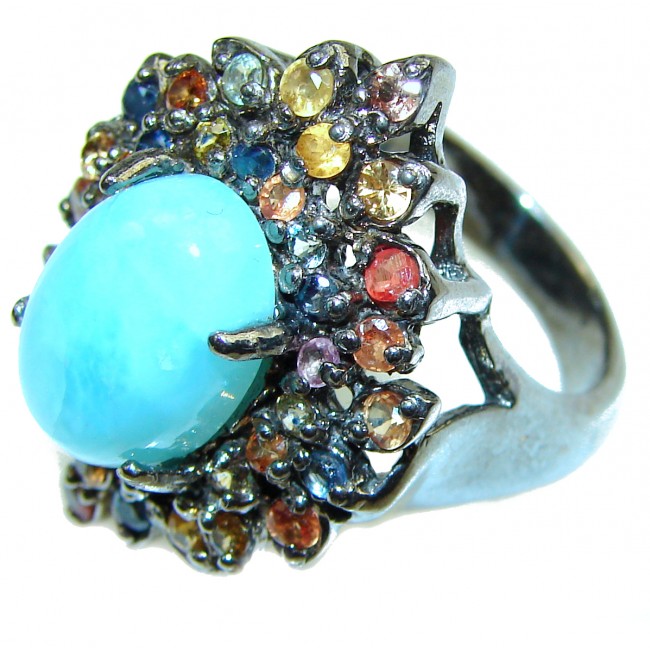 Precious Blue Larimar black rhodium over .925 Sterling Silver handmade ring size 8 1/2