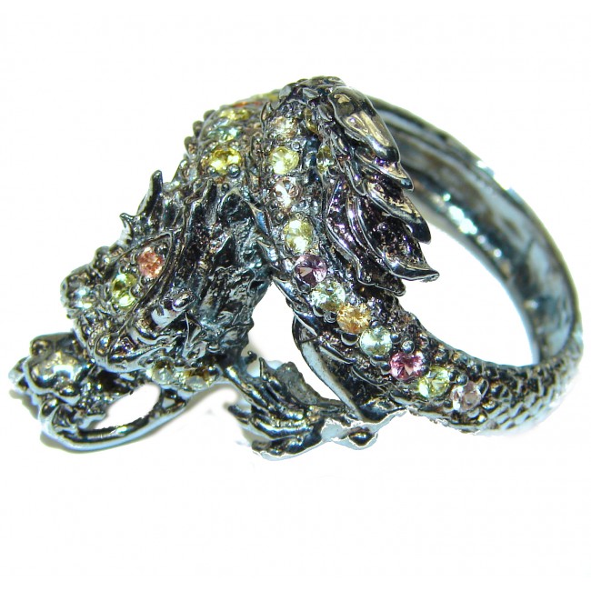 Multicolor Sapphire Dragon black rhodium over . 925 Sterling Silver Ring s. 10