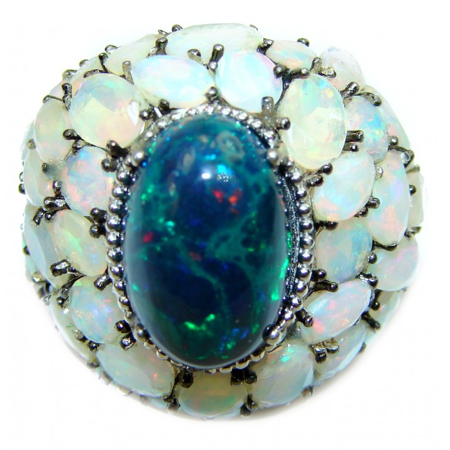 12.3carat Black Opal 14K White Gold over .925 Sterling Silver handcrafted Large Statement Ring size 7