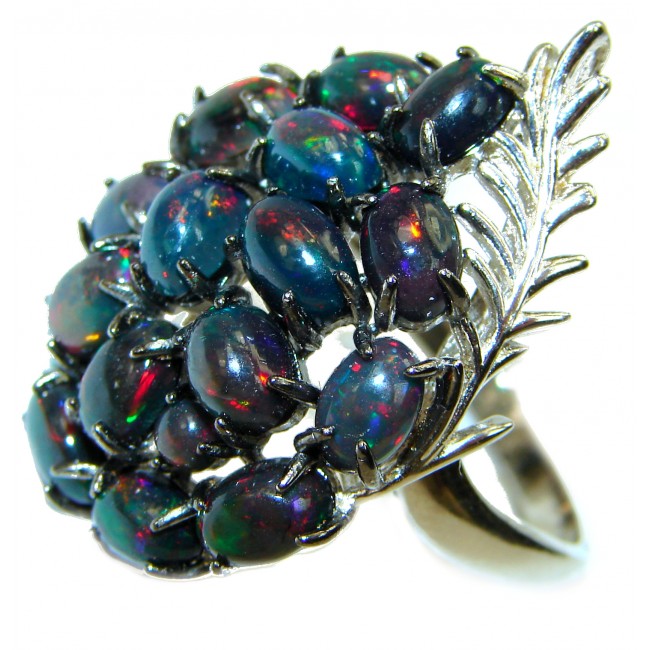 Milky way Genuine 18.95 carat Black Opal 14K White Gold over .925 Sterling Silver handmade Ring size 9