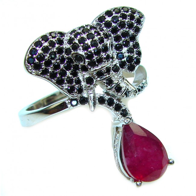 Lucky Elephant Genuine Ruby .925 Sterling Silver handcrafted Statement Ring size 7