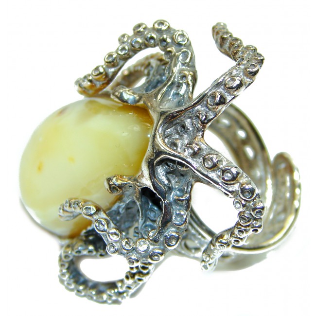 Huge Octopus Authentic rare Butterscotch Baltic Amber .925 Sterling Silver handcrafted ring; s. 8 adjustable