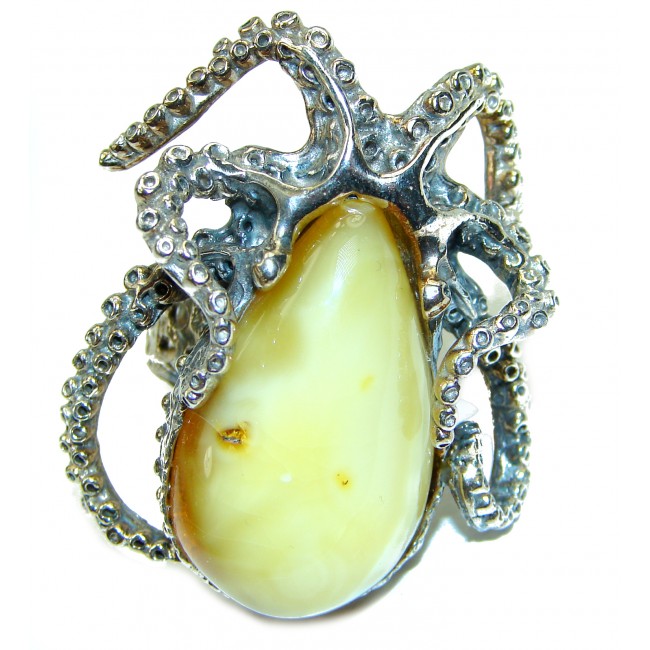 Huge Octopus Authentic rare Butterscotch Baltic Amber .925 Sterling Silver handcrafted ring; s. 8 adjustable