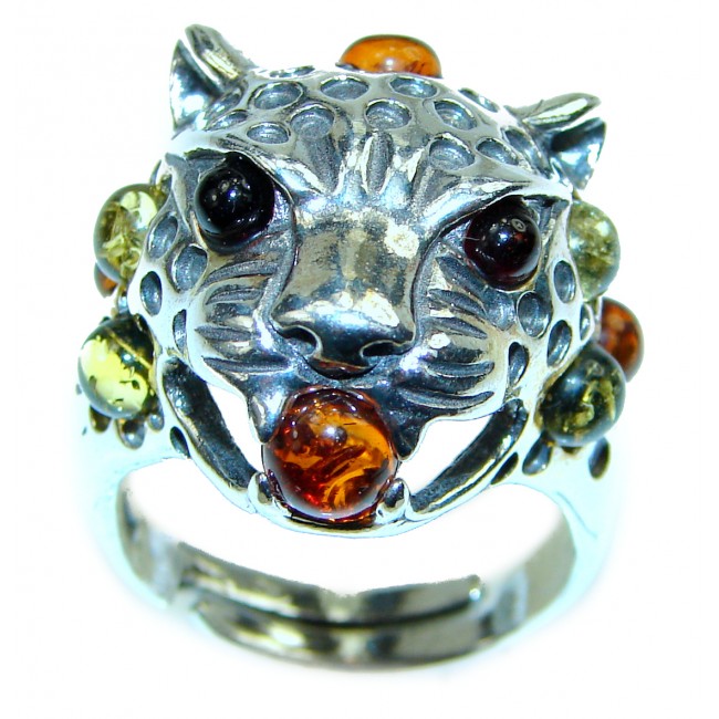 Precious Cheetah Amber .925 Sterling Silver handmade ring size 8 adjustable