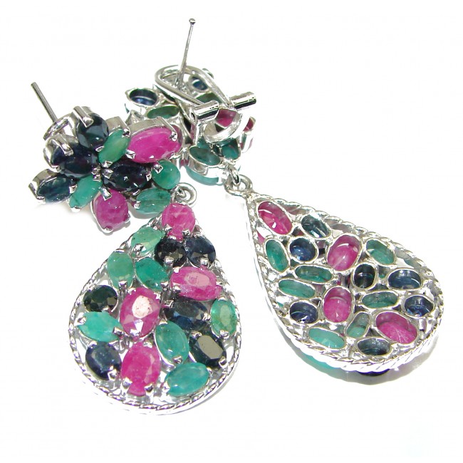 Kashmir Ruby Emerald .925 Sterling Silver handcrafted Large Earrings