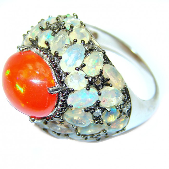 Royal quality Mexican Opal 18K White Gold over .925 Sterling Silver handcrafted Ring size 7 1/2
