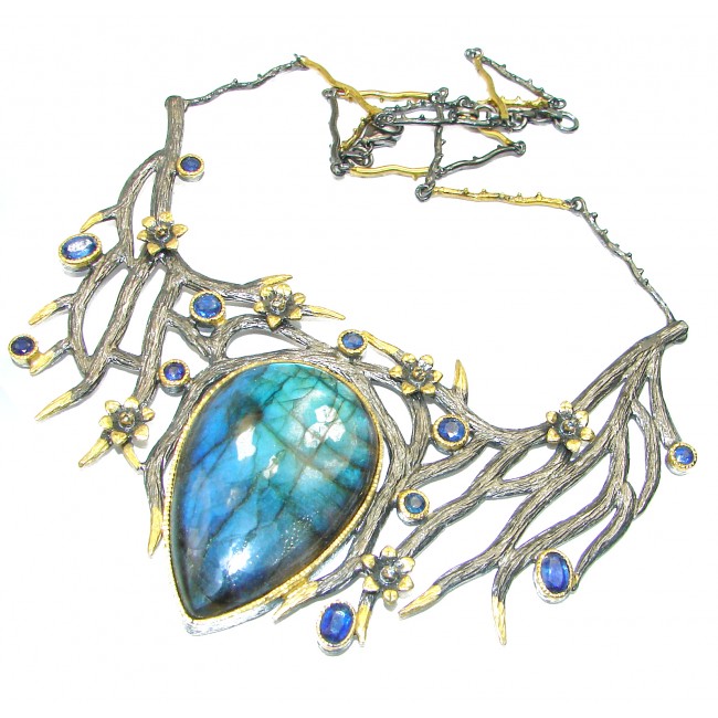 Midnight Moon Labradorite 2 tones .925 Sterling Silver entirely handcrafted necklace