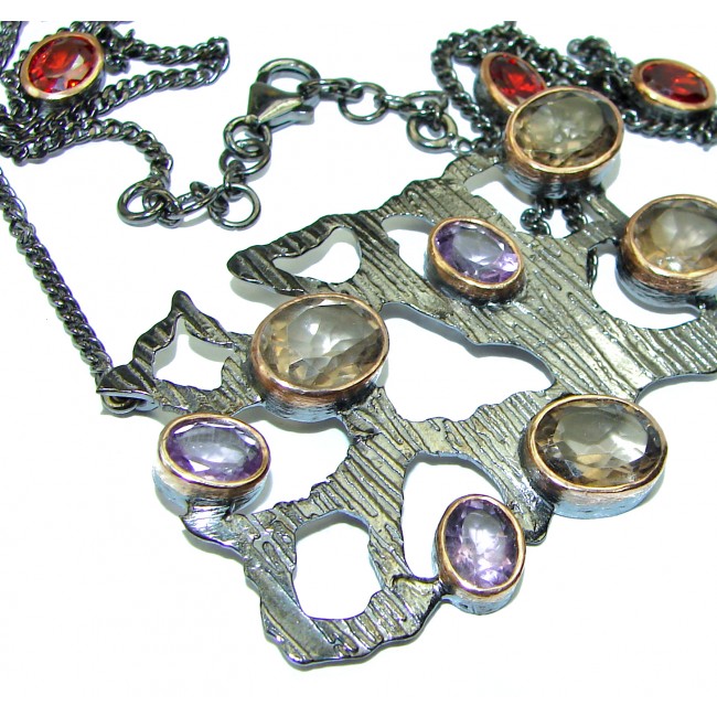 Modern Concept Multigem 2 tones .925 Sterling Silver entirely handcrafted necklace