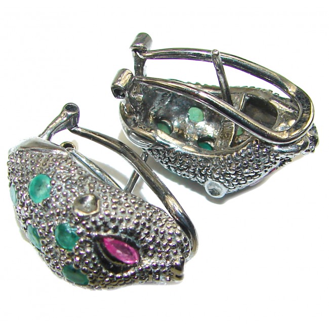 Cheetah Authentic Emerald Ruby black rhodium .925 Sterling Silver handmade earrings
