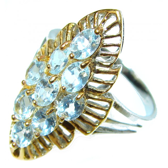 Genuine Aquamarine Gold over .925 Sterling Silver handmade Cocktail Ring s. 6 3/4