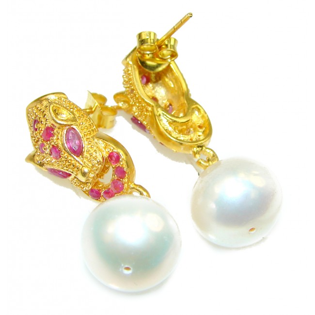 Golden Panthers Pearl Ruby 14K Gold over .925 Sterling Silver handmade earrings
