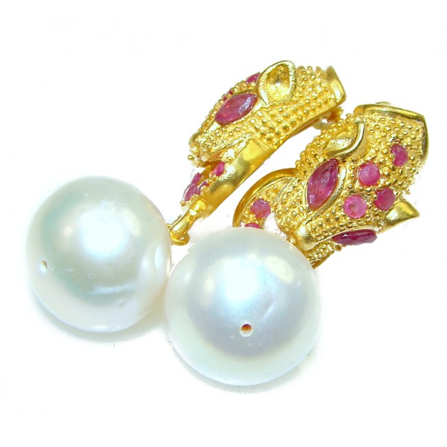 Golden Panthers Pearl Ruby 14K Gold over .925 Sterling Silver handmade earrings
