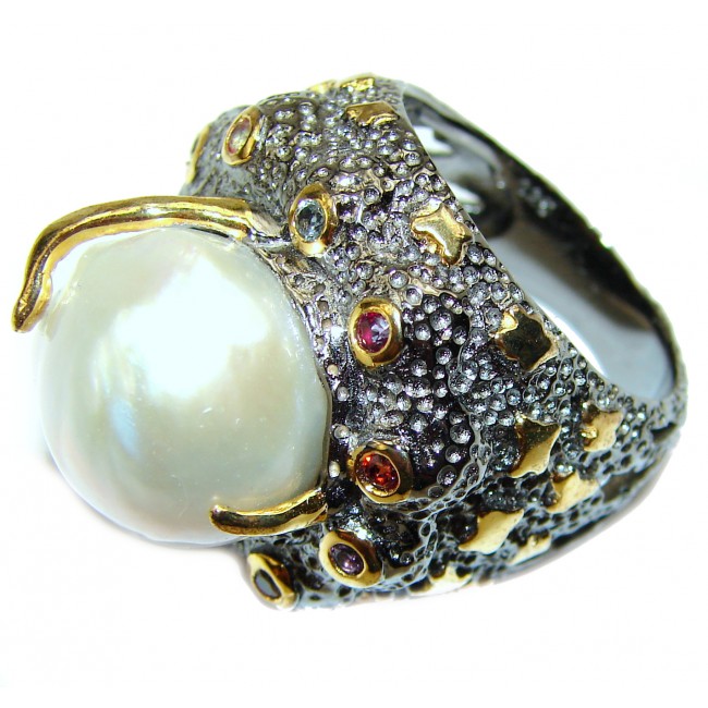 Jumbo Baroque Design Mother Of Pearl Gold plated over .925 Sterling Silver Ring s. 9
