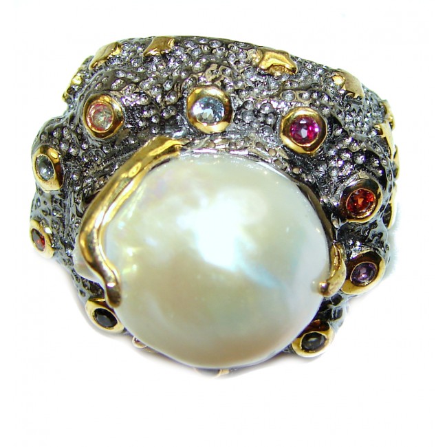 Jumbo Baroque Design Mother Of Pearl Gold plated over .925 Sterling Silver Ring s. 9