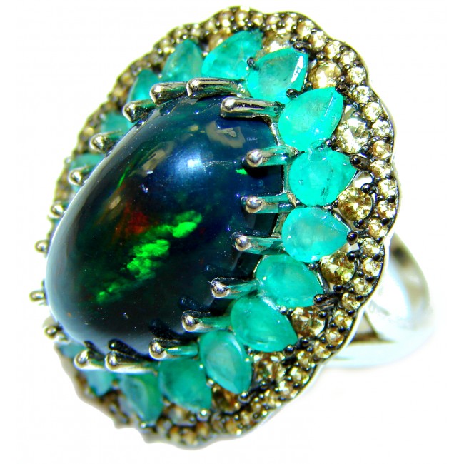 A COSMIC POWER Genuine 19.9 carat Black Opal Colombian Emerald 14K White Gold over .925 Sterling Silver handmade Ring size 8