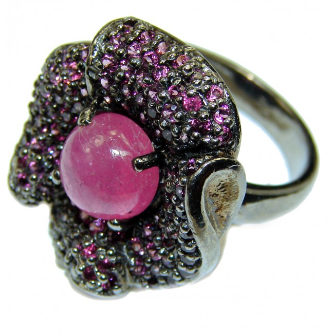 Red Rose 11.8 carat unique Ruby black rhodium over .925 Sterling Silver handcrafted Ring size 8 1/4