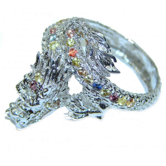 Large Dragon multicolor Sapphire . 925 Sterling Silver Ring s. 11