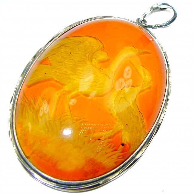 Herons Huge Authentic carved Baltic Amber .925 Sterling Silver handmade Pendant