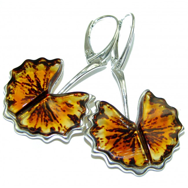 Golden Butterflies Genuine carved Baltic Amber Swans .925 Sterling Silver Earrings
