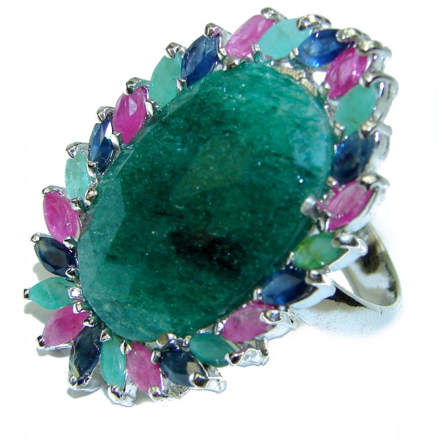 Spectacular Natural Emerald .925 Sterling Silver handmade Statement ring s. 9