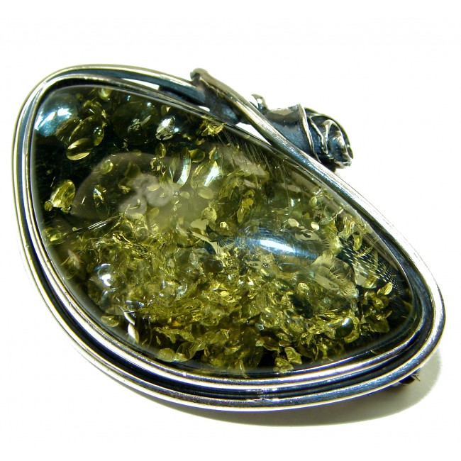 Green Baltic Polish Amber .925 Sterling Silver handcrafted Brooch